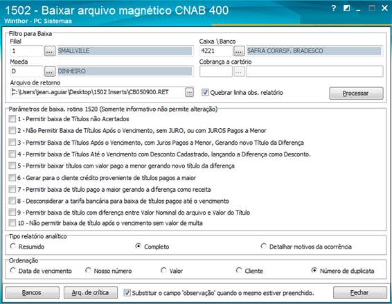 Processando o arquivo de retorno na rotina 1502 - Baixar arquivo magnético CNAB 400 Sempre ao enviar o arquivo de remessa, o banco disponibilizará no sistema dele no dia útil seguinte, com o arquivo