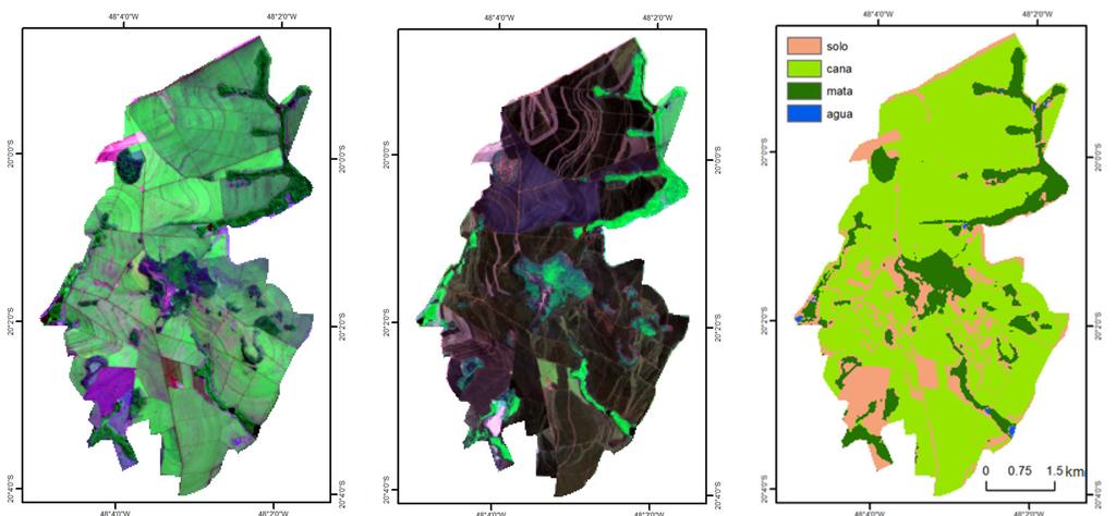 Material e Métodos Para a realização desse estudo, utilizouse de duas cenas do sensor Operational Land Imager (OLI) do satélite Landsat 8, nas bandas 4 (630-680 nm), 5 (845-885 nm) e 6 (1560-1660