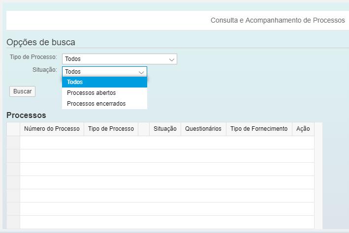 1. No campo Tipo de processo selecione o tipo a ser