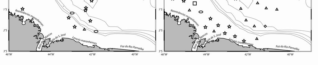 Figura 7 - Distribuição espacial e sazonal das famílias de larvas de peixes coletadas na malha de 500 µm da rede bongô na Zona Econômica Exclusiva do Estado do Maranhão durante os períodos de seca