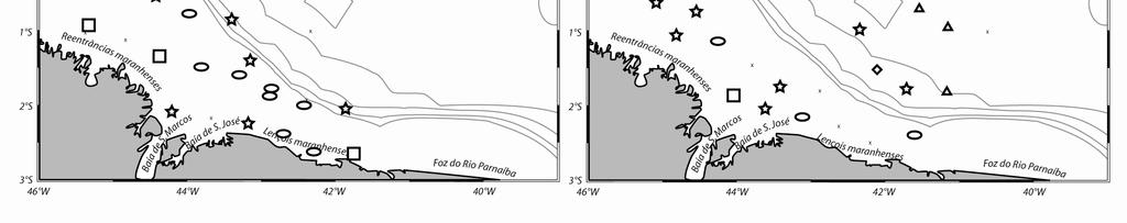Figura 8 - Distribuição espacial e sazonal das famílias de larvas de peixes coletadas com a rede de nêuston superior na Zona Econômica Exclusiva do Estado do Maranhão durante os períodos de seca (A)