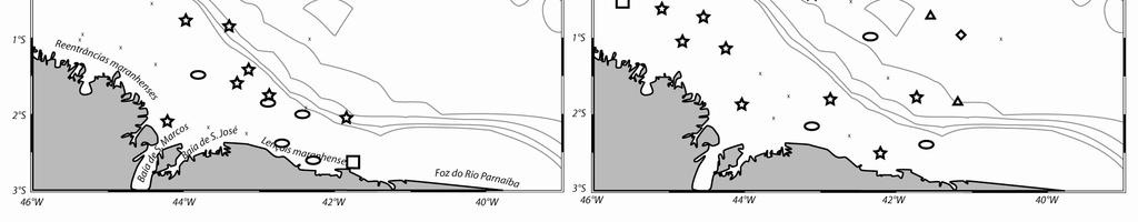 Figura 9 - Distribuição espacial e sazonal das famílias de larvas de peixes coletadas com a rede de nêuston inferior na Zona Econômica Exclusiva do Estado do Maranhão.
