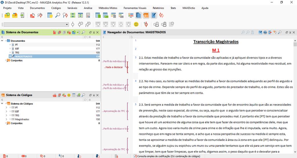 Trabalho a Favor da Comunidade Figura 2 Vista geral de codificações Fonte: Projeto TFC (MAXQDA 12, 2017).