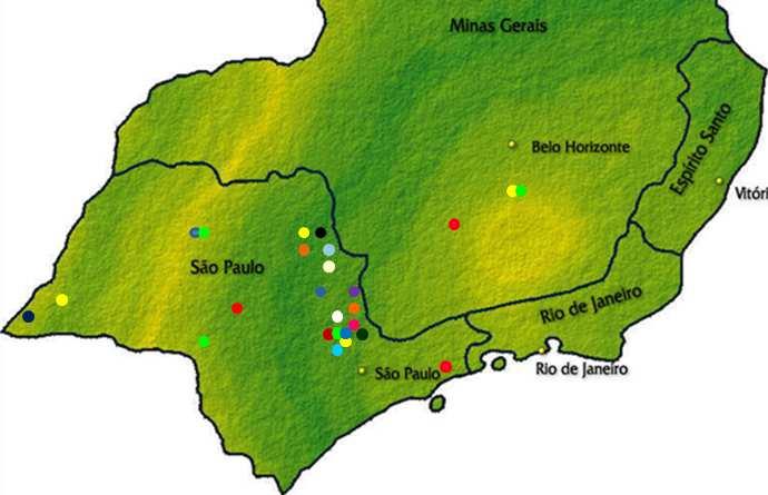 Figura 1. Populações de macaúba amostradas nos estados de São Paulo e Minas Gerais. Período 2009/10-2010/11.
