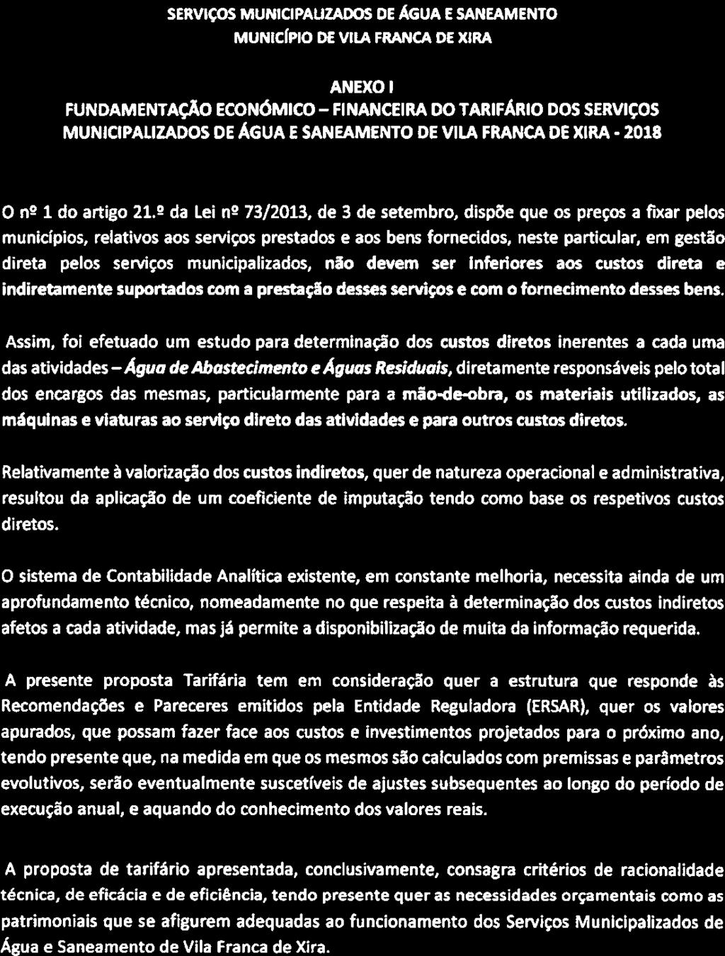 SERVIÇOS MUNICIPALIZADOS DE ÁGUA E SANEAMENTO MUNICÍPIO DE VILA FRANCA DE XIRA ANEXO 1 FUNDAMENTAÇÃO ECONÓMICO FINANCEIRA DO TARIFÁRIO DOS SERVIÇOS MUNICIPALIZADOS DE ÁGUA E SANEAMENTO DE VILA FRANCA