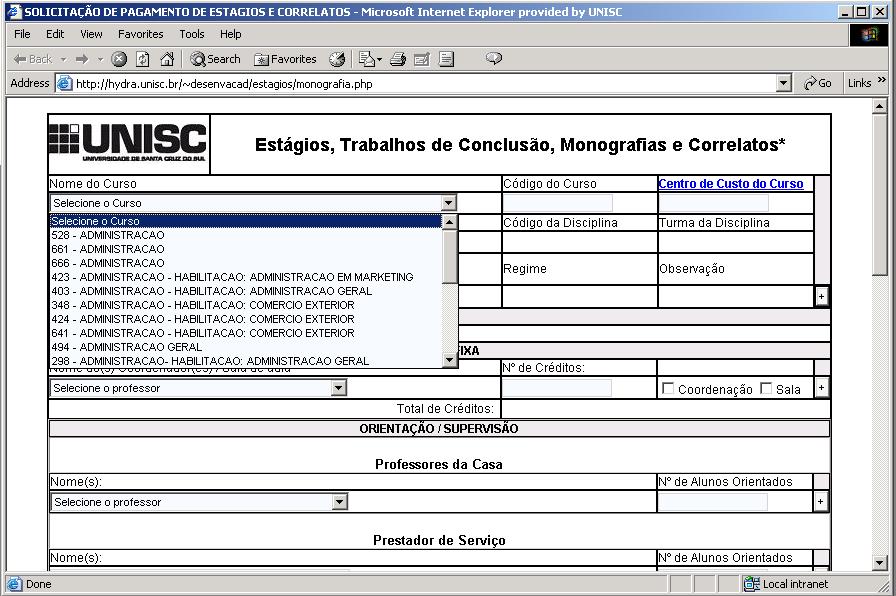 2.1 Etapas do preenchimento - Selecionando o curso: aparece o nome e código do curso - Centro de