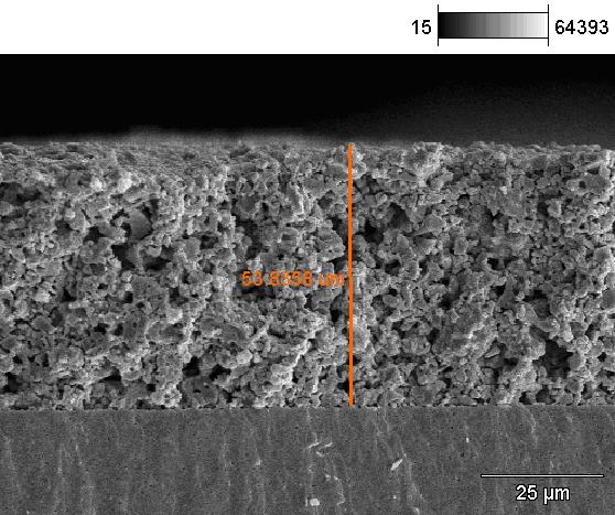 microscópio eletrônico de varredura. A média da espessura do anodo com 1 camada foi de 50,48 µm.