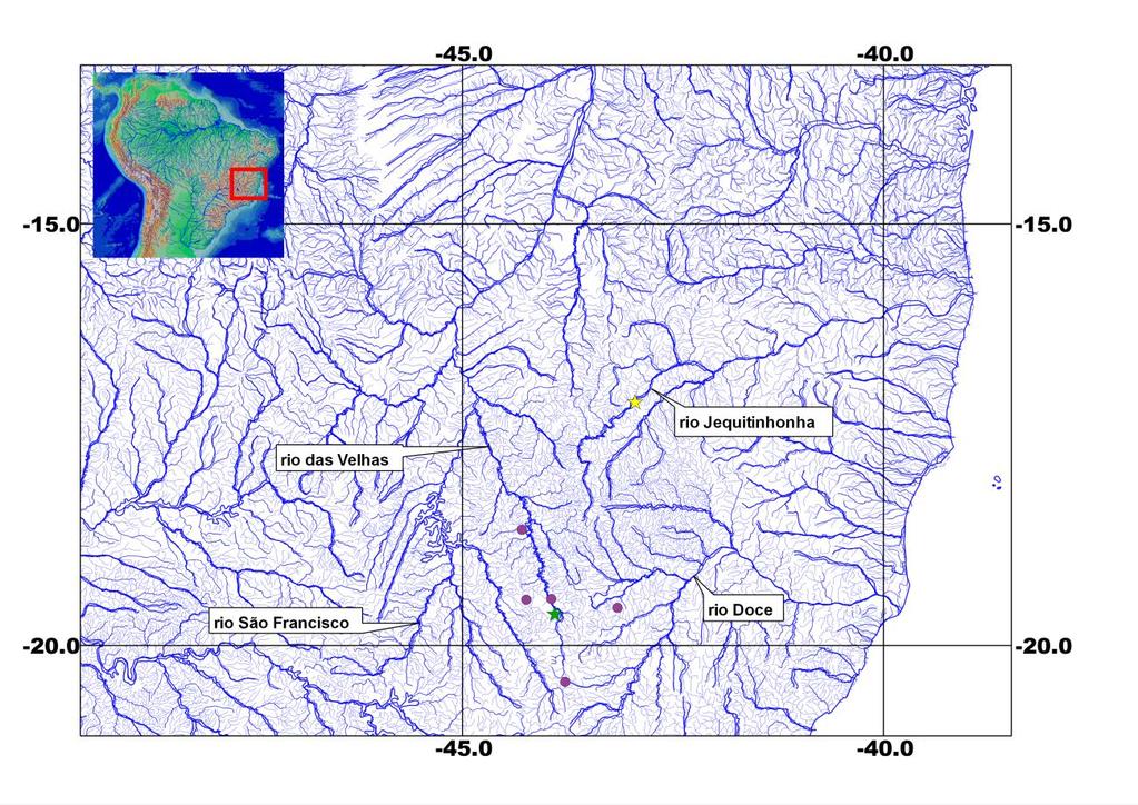 154 FIGURA 23. Mapa parcial do leste do Brasil mostrando a distribuição de Astyanax rivularis ( ). = localidadetipo de Astyanax rivularis e = localidade tipo de Astyanax tumalinensis. Comentários.