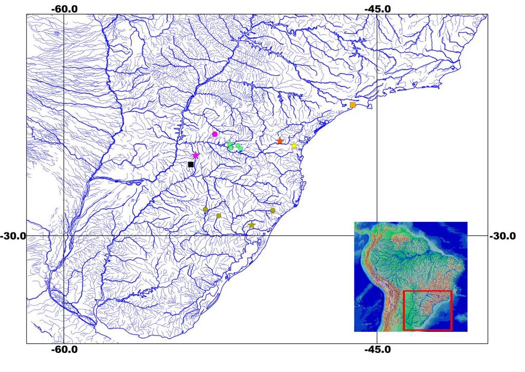 328 FIGURA 19. Mapa parcial do Brasil mostrando a distribuição de Astyanax courensis e A. pirapuan ( = localidade-tipo de A. courensis; = localidade-tipo de A. pirapuan; = A. pirapuan).
