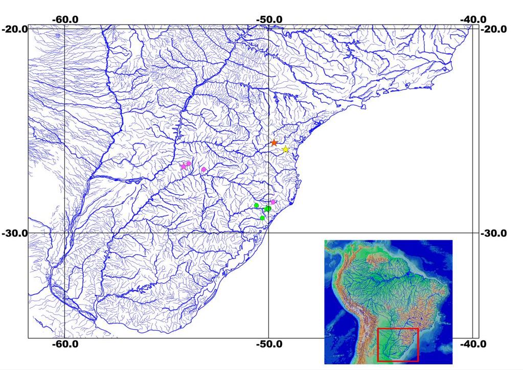 329 FIGURA 21. Mapa parcial da América do Sul mostrando a distribuição de Astyanax eremus, A. paris, A. pirabitira e A. varzeae ( = localidade-tipo de A. eremus; = localidade-tipo de A. paris; = A.