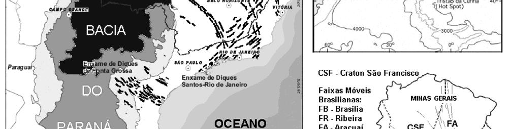 NE-SW (direção do esforço mínimo sigma3 horizontal), materializada nos extensos enxames de diques máficos eocretáceos brasileiros NW-SE de Ponta Grossa (134 Ma - idade média de dados K-Ar/Ar-Ar da