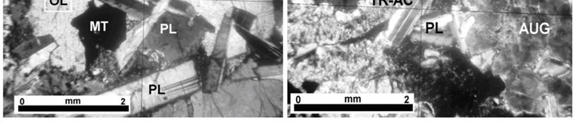 (B) Textura quelifítica, com borda de reação ao redor da olivina (piroxênio na borda interna e tremolita-actinolita na borda externa).