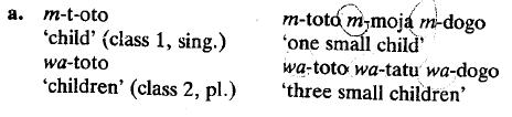 Swahili 2. Agreement Categories of Nouns No PB, os adjetivos concordam em número e gênero com o nome Concordância em número entre o sujeito e verbo 3.