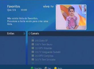 6.4. Favoritos O menu Favoritos permite que você selecione os canais para adicioná-los a uma lista de favoritos. 6.5.