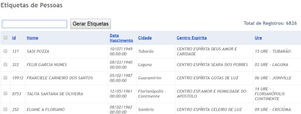 De acordo com a seleção dos filtros o relatório será exibido. Em seguida deverão ser selecionados os registros que serão geradas as etiquetas.