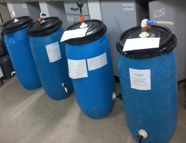 B. Co-digestão da glicerina com dejetos de porco ( fase 1) Para a realização do experimento foi montado um sistema (biodigestor) composto por dois balões de vidro um de 500 ml e outro de 1000 ml uma