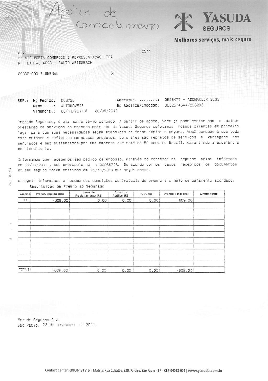 oolicc CannCe ia rrneaj-\o YASUDA SEGUROS Melhores serviços, mais seguro A(0) Br BIG PORTA. COMERCIO E REPRESENTAÇÃO LTDA R BAHIA. 4623 - SALTO WEISSBACH 2311 89032-003 BLUMENAU SC REF.