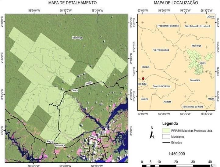 17 Figura 2: Localização da área de manejo florestal pertencente à empresa Mil Madeiras. Rodovia AM 363, Km 01, Itacoatiara AM Fonte: Mil Madeiras.