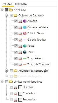 Figura 44 - Mapas A área do mapa está distribuída da seguinte forma: Do lado esquerdo do ecrã há temas com as layers disponíveis no mapa.