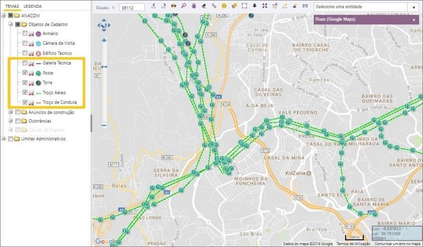 Seleção de objetos diretamente no mapa e visualização dos atributos respetivos; Ativação/Inativação de layers do mapa; Realização de pesquisas; Guardar Pesquisas para futuras visualizações; Efetuar