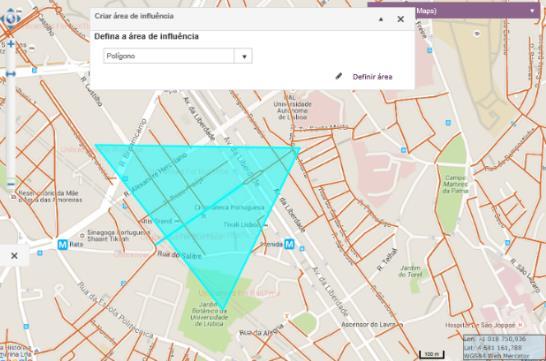 Figura 66 - Criar área de influência As áreas de influência disponíveis são as seguintes: Polígono Distância Fixa Distância Interativa Distrito Concelho Freguesia Selecionar uma das opções