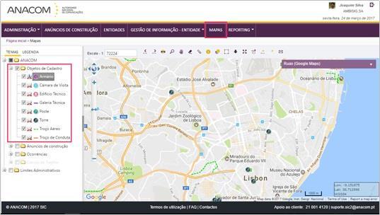 Para efetuar essa alteração o utilizador deverá aceder ao menu Mapas e identificar a layer de objetos de cadastro na árvore existente na secção