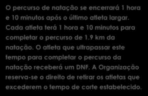 Cada atleta terá 1 hora e 10 minutos para completar o percurso de 1.9 km da natação.