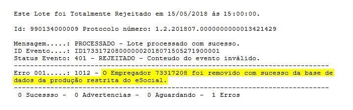 informação de que o empregador foi removido com sucesso (confira o CNPJ).