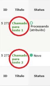 4.2. ACOMPANHAR UM CHAMADO Na barra de menu clicar em CHAMADOS. Para detalhar um chamado, na coluna Titulo clique sobre o nome do chamado desejado para abri-lo.