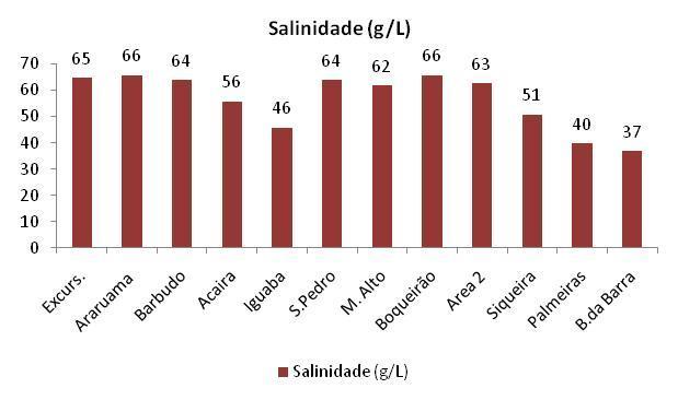 Salinidade apresentou-se com uma média de 56,67, alcançando uma variação de 29 entre os pontos amostrais.
