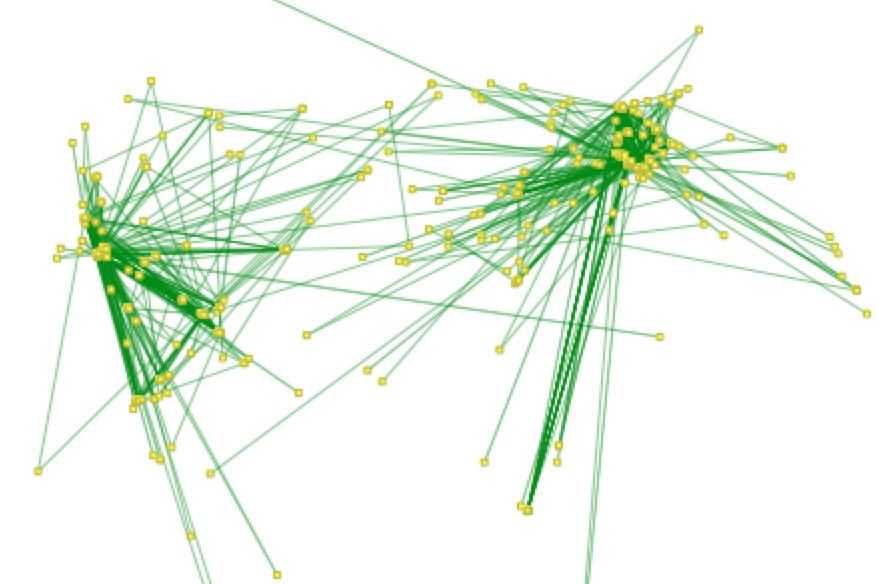 Os pontos amarelos representam os centroides dos episódios do tipo stop e as linha verdes representam a ligação entre os stops dos mesmos usuários.