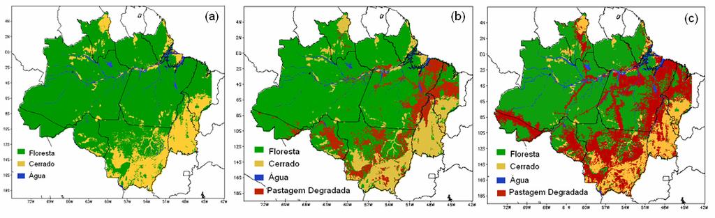 Figura 1 Mapa de vegetação e cenários de desflorestamento usados nas simulações numéricas com o MCGA/CPTEC: (a) Mapa para a simulação de controle; (c) Cenário atual de desflorestamento; (c) Cenário