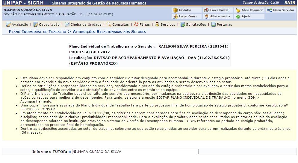 Informe o Tutor do servidor que estiver em Estágio