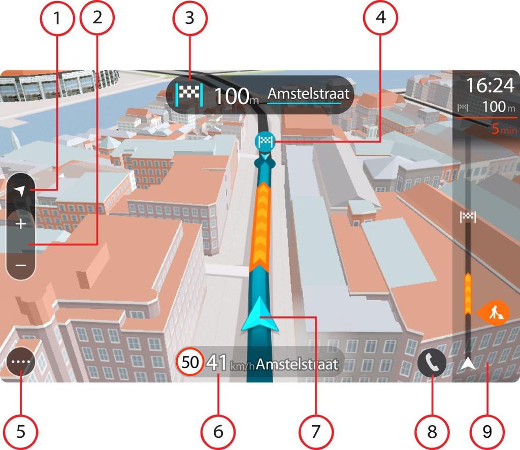 Quando o seu TomTom GO inicia depois de ter estado em modo de suspensão e tem um percurso planeado, mostra-lhe a Vista de orientação com a sua localização atual. 1. Botão de vista.