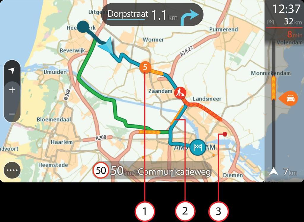 Sugestão: selecione um incidente no mapa para ver informações mais detalhadas. 1. Incidente de trânsito que afeta o seu percurso na sua direção de viagem.