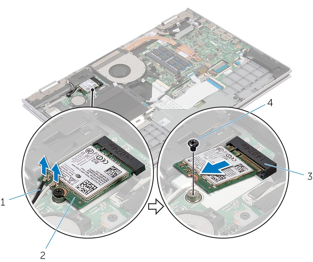 3 Deslize e remova a placa de rede sem fio do slot da placa na placa de