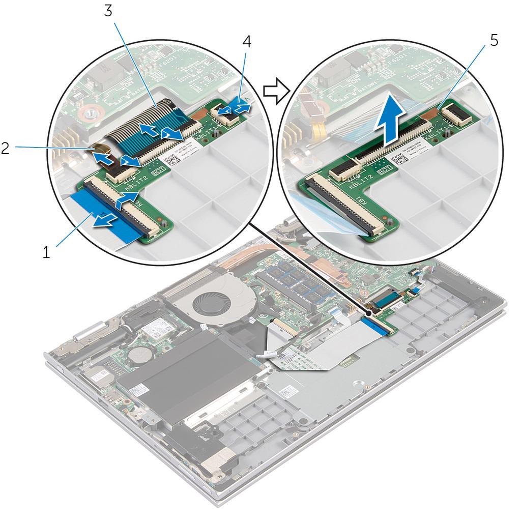 2 Levante a placa do teclado auxiliar para fora do apoio para as mãos e do conjunto do teclado.