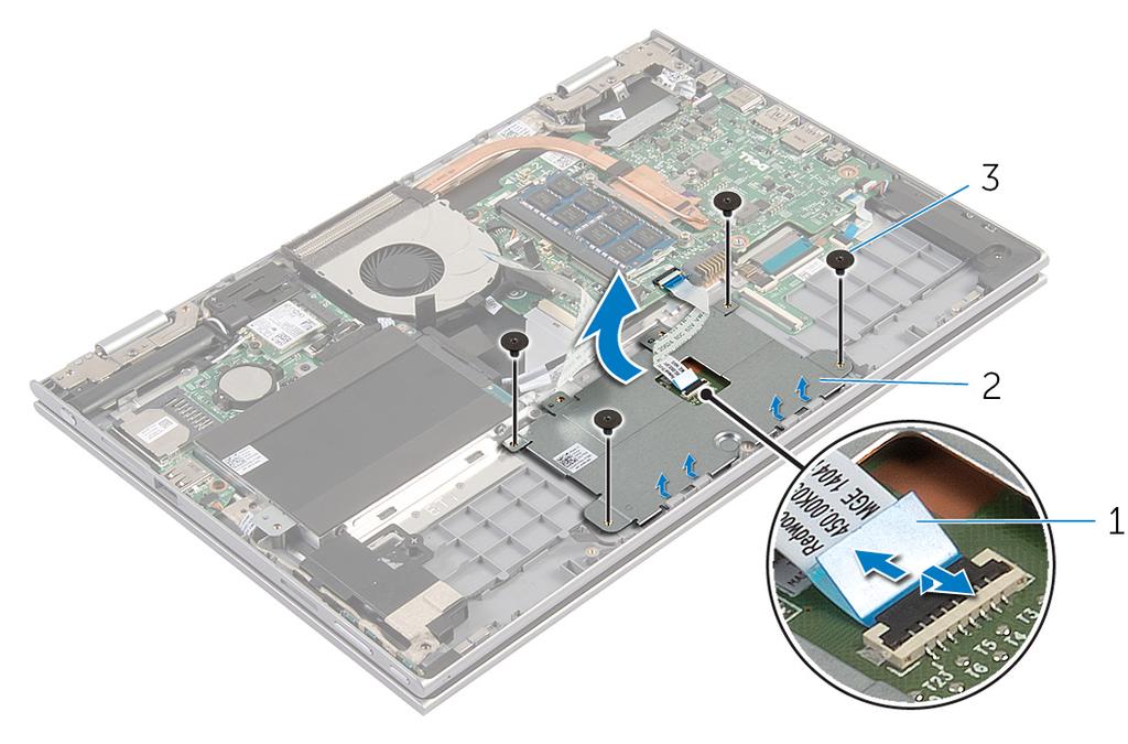 2 Levante a trava do conector e desconecte o cabo do touchpad do touchpad. 3 Remova os parafusos que prendem o suporte do touchpad ao apoio para as mãos e o conjunto do teclado.