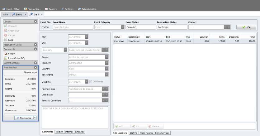 Nova área Price Preview Aceder a Front-Office > Event manager (Gestor do Evento) Agora temos disponivel dentro da reserva de eventos, uma área no menu: Price Preview que