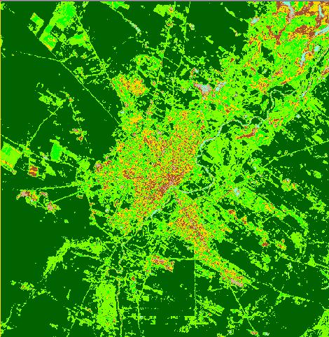 Na Figura 3b, observa-se que houve um aumento das áreas com temperaturas mais elevadas em comparação com a imagem do ano de 1994 e um aumento ainda mais significativo é visto quando comparamos o ano