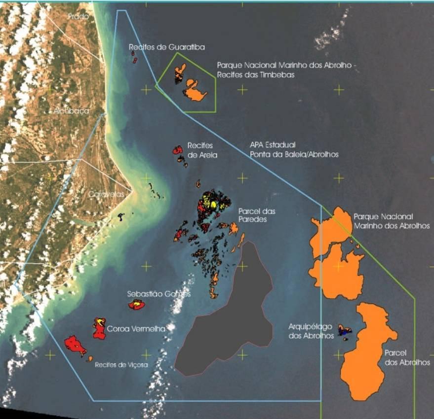 6 Foram selecionadas para estudo as áreas no entorno dos recifes Coroa Vermelha (CV), Pedra de Leste (PL) e Popa Verde (PV) (Figura 2), os quais estão localizados em diferentes distâncias da linha de