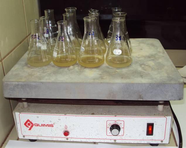 31 b) a mistura (amostra + HCl) foi aquecida durante 5 minutos em placa aquecedora (Figura 17) (temperatura inferior a 100ºC) para acelerar a reação.