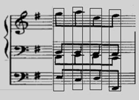 adensando o ritmo através da execução de semicolcheias de duas notas simultâneas que irão completar a harmonia com as notas sequenciais. Exemplo 15: Concerto BWV 592-1º mov., c. 129.
