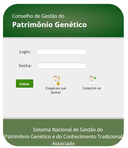 SisGen Cadastro de Usuário Acesso mediante login