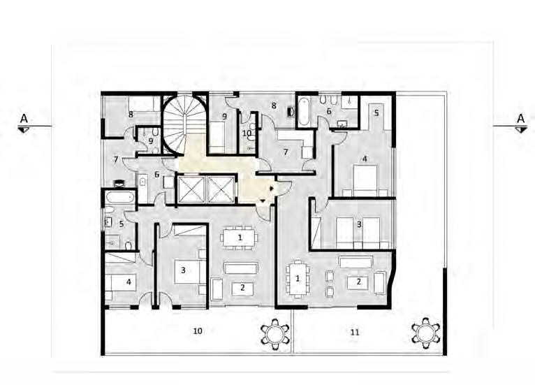 45 1 apto. 3 dorm. - 153 m² 1 - sala de jantar 2 - sala de estar 3 - hall de distribuição 4 - dorm. solteiro 5 - dorm.