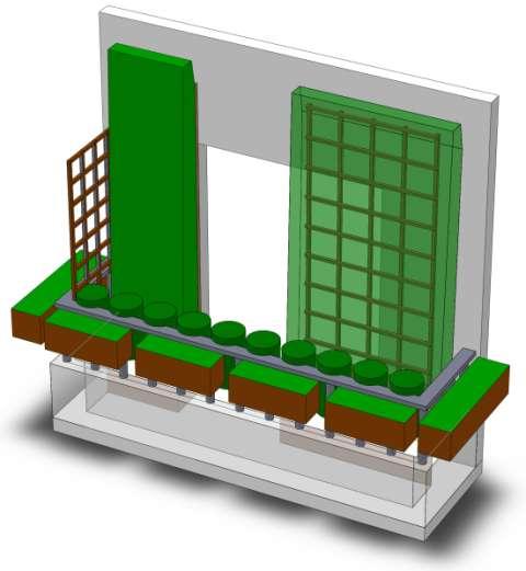 EXEMPLOS DE AGRICULTURA DOMÉSTICA / ESPAÇOS CULTIVÁVEIS : JANELAS E VARANDAS Sistema Vertical em Bolsas com depósito de água Grade lateral - Trepadeiras - Corta-Vento - Sombra Sistema NFT em calha ou