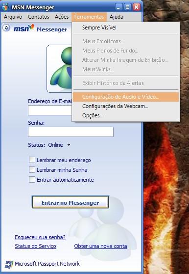 [5] Por tanto, para o MSN Messenger (Live Messenger) Clique em Ferramentas > opções > Configuração de Áudio e Vídeo.