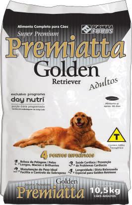 Boetim Técnico Aimento para Cães PREMIATTA GOLDEN RETRIEVER Descrição: PREMIATTA GOLDEN RETRIEVER ADULTOS é um aimento super premium competo desenvovidos para cães adutos da raça Goden Retriever para