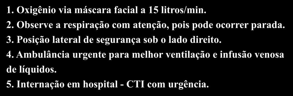 19.4% 1. Oxigênio via máscara facial a 15 litros/min. 2. Observe a respiração com atenção, pois pode ocorrer parada.