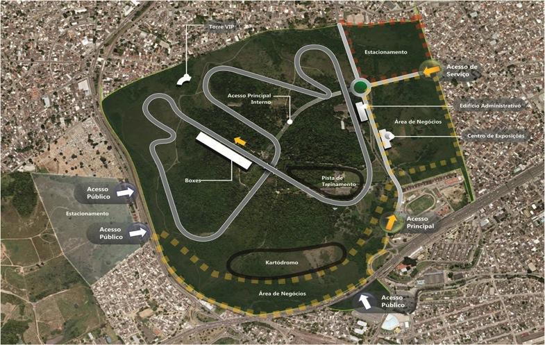 Figura 12- Vista do Projeto do autódromo com desenho esquemático identificando, aproximadamente (em vermelho), local onde há sobreposição do projeto aos ecossistemas brejosos identificados durante a